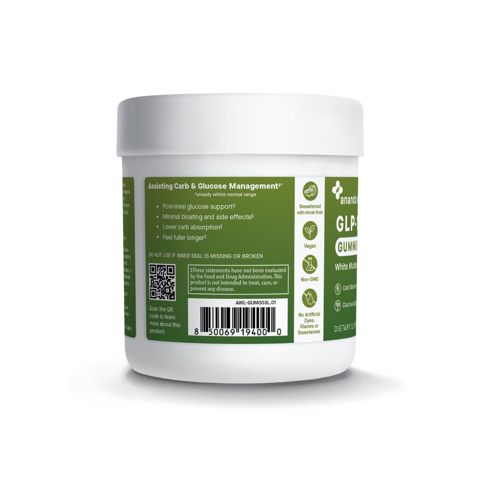 Ananda Wellness GLP-1 gummies ingredient list image shows cherry flavor and plant-based nutrition.