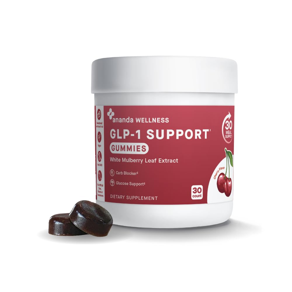 Ananda Wellness GLP-1 Support Gummies bottle with sugar-free cherry flavor for keto-friendly snacking.
