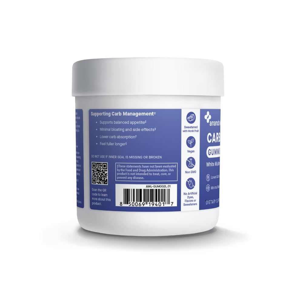 Ananda Wellness orange-flavored gummies close-up for easy pre-meal carb management.