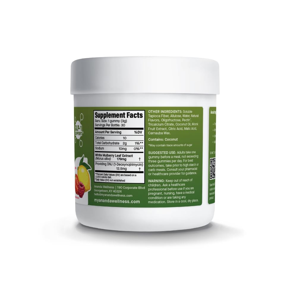 Ananda Wellness white mulberry leaf extract gummies closeup highlights natural ingredients for mindful eating.