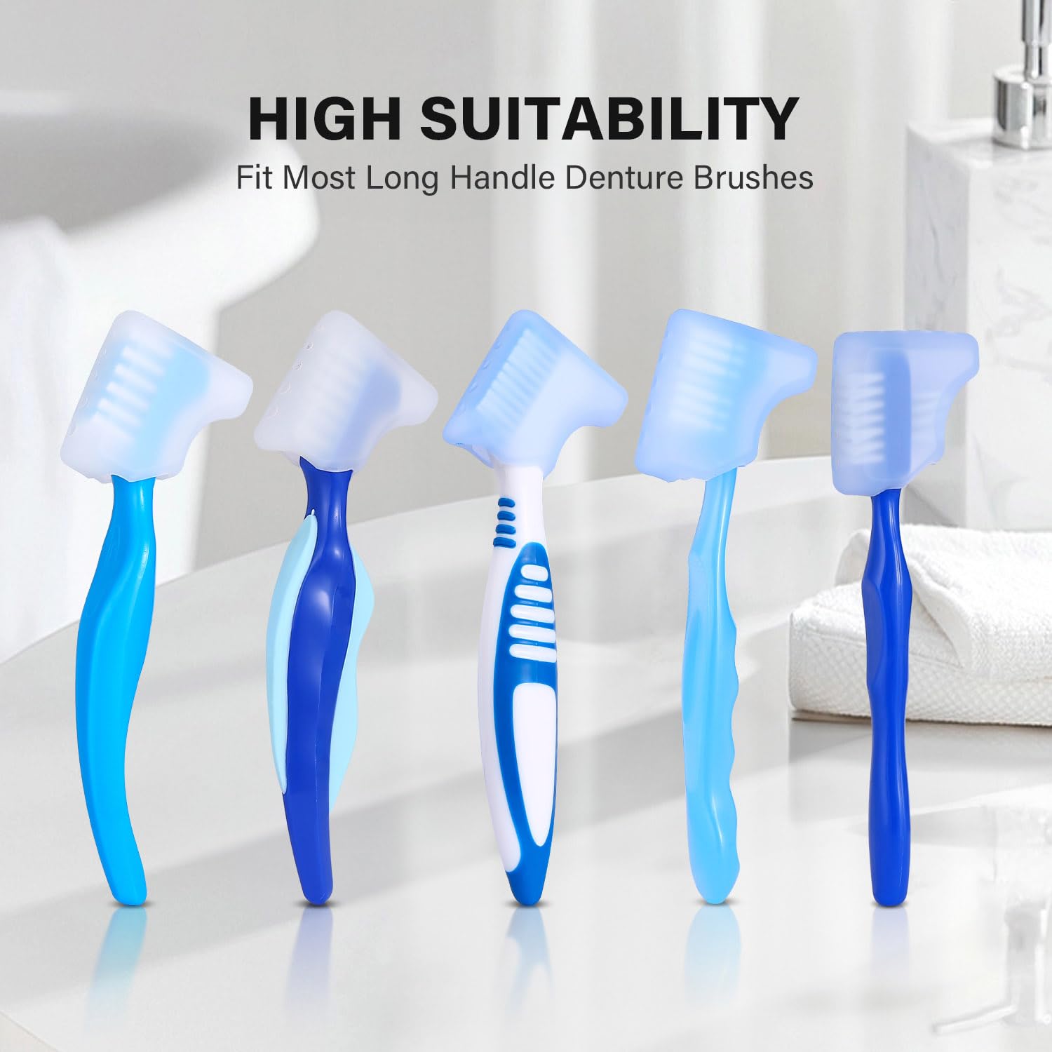 Travel-friendly denture brush cover shown with compact travel items