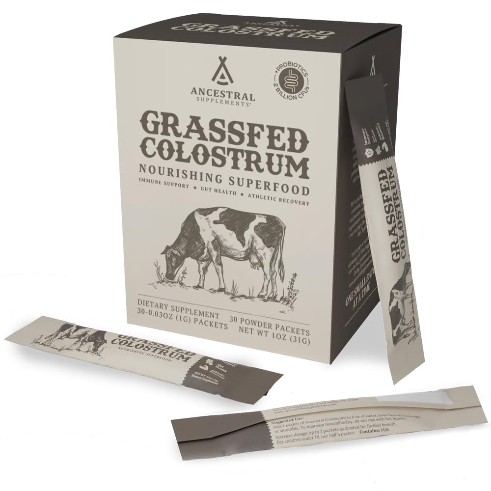 Front view of Ancestral Supplements Grass-Fed Bovine Colostrum Powder Packets