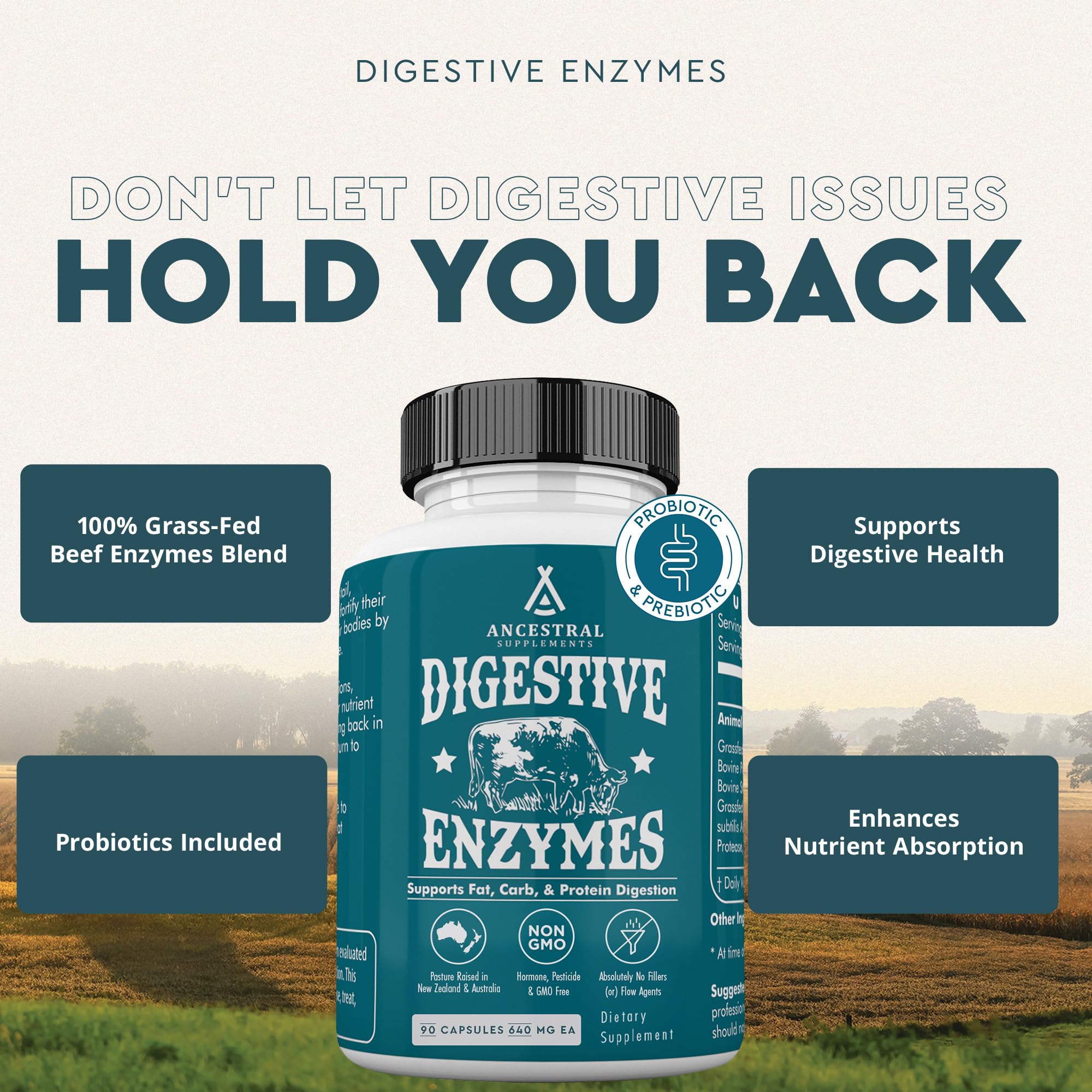 Close-up of the 90 capsules bottle for Ancestral Digestive Enzymes