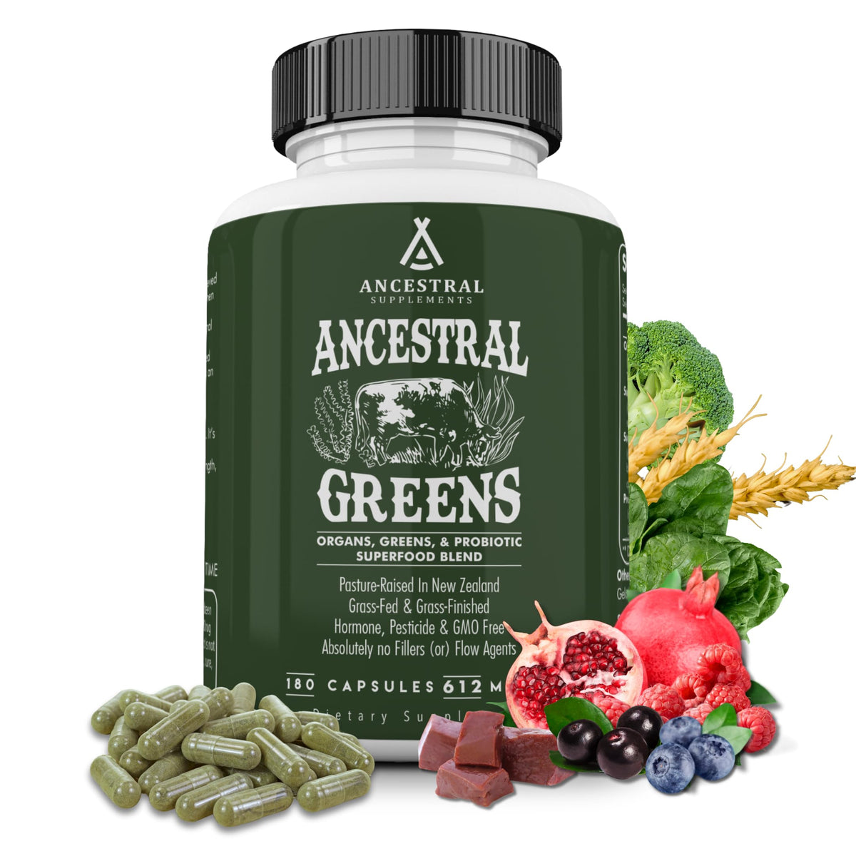 Bottle of Ancestral Greens capsules (612mg, 180 count).