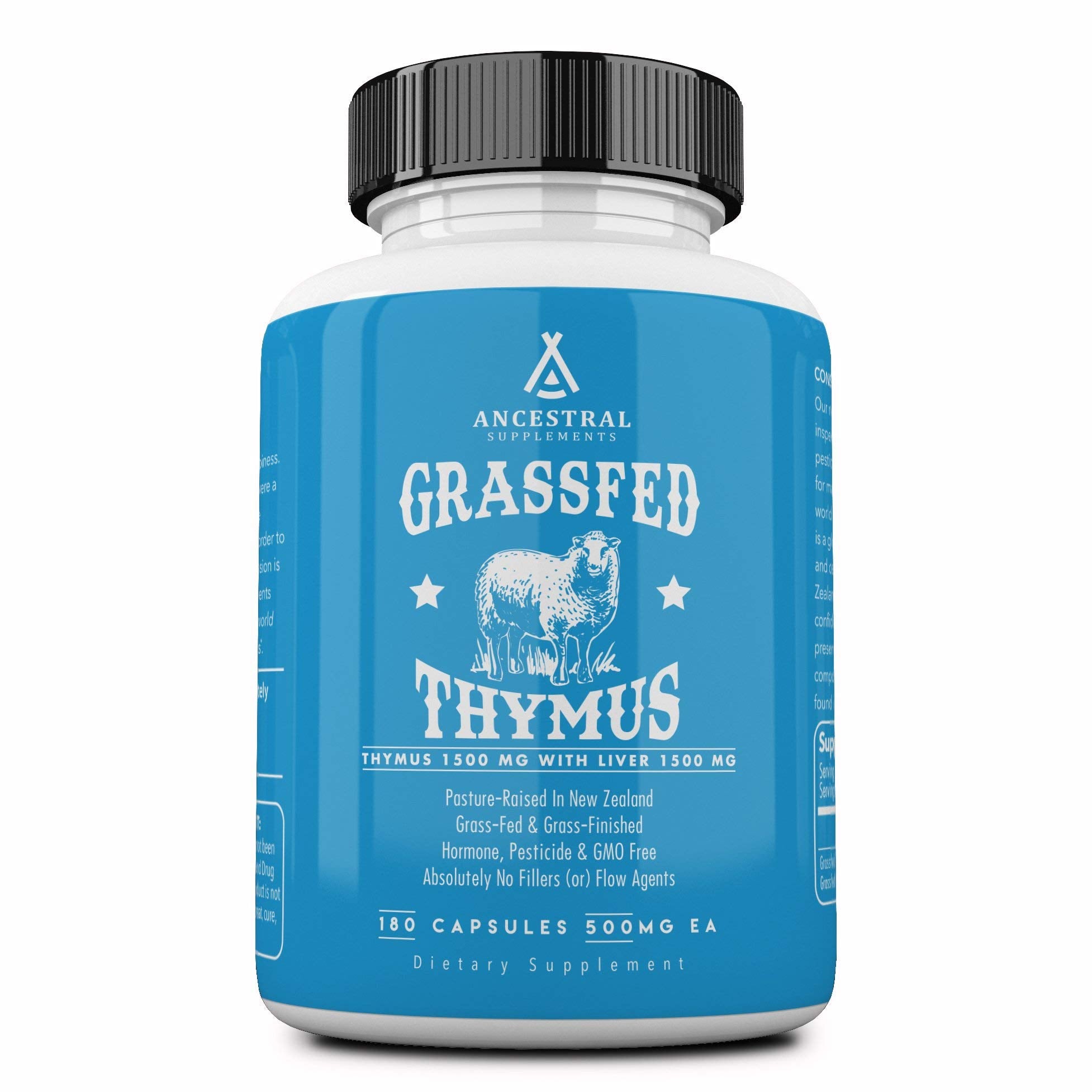 Bottle of Ancestral Supplements Grass Fed Ovine Thymus Glandular Extract 3000mg with beef liver, 180 capsules