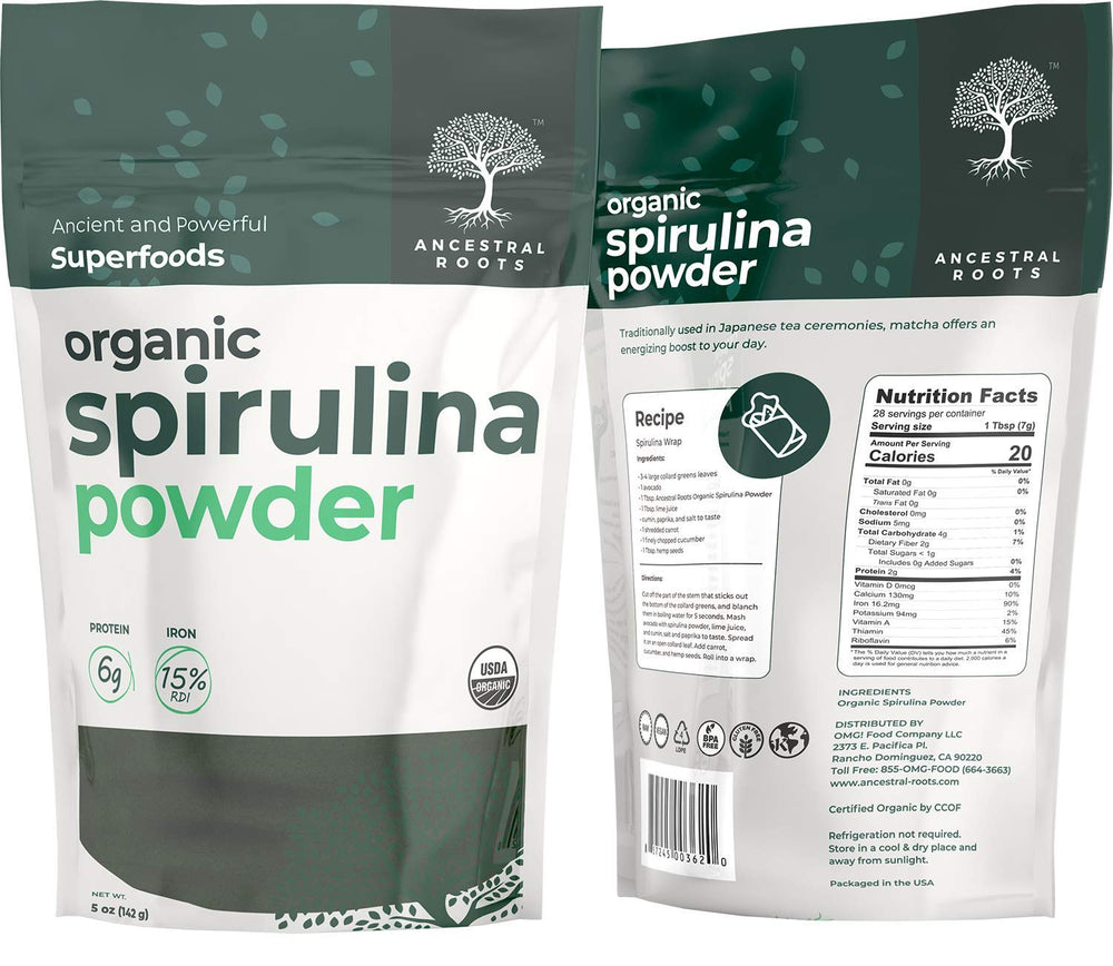 Ancestral Roots Organic Spirulina Powder 5 oz back panel with nutrition facts