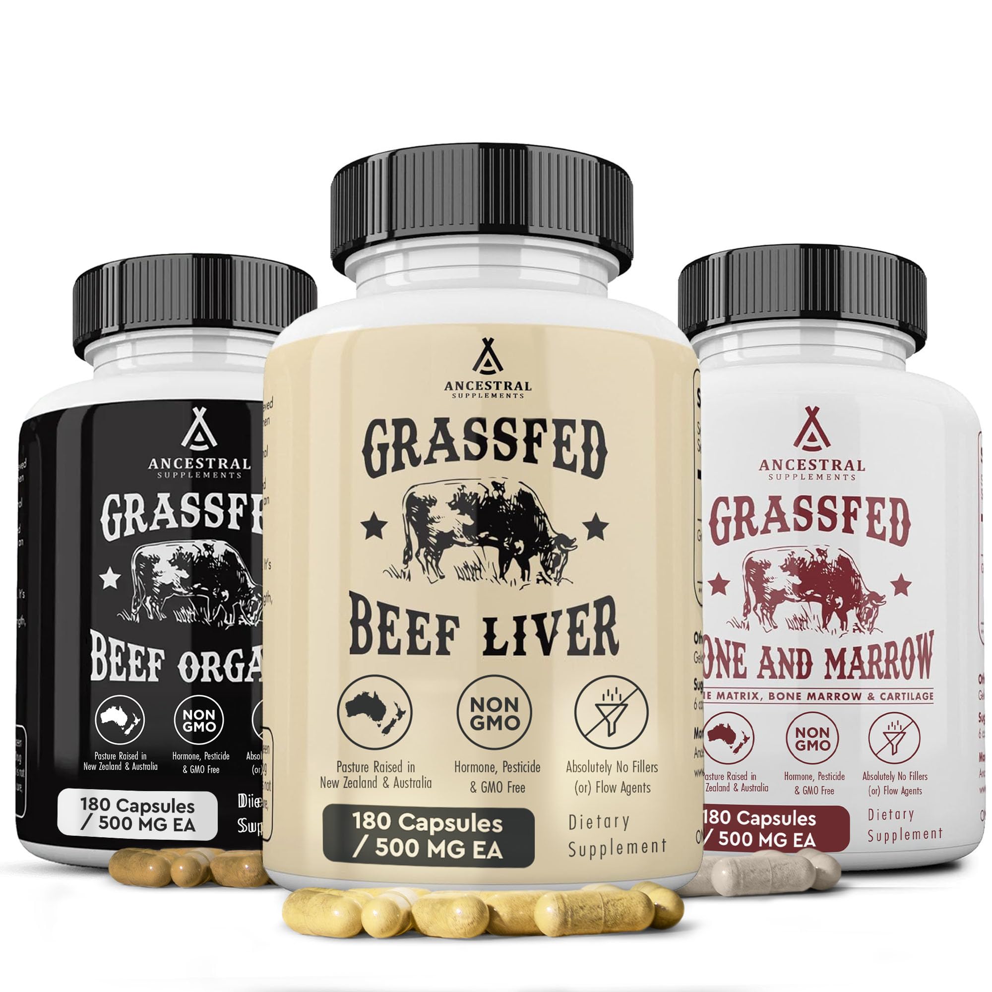 Ancestral Supplements Beef Organs Stack bottle showing whole-food nutrition for daily energy support