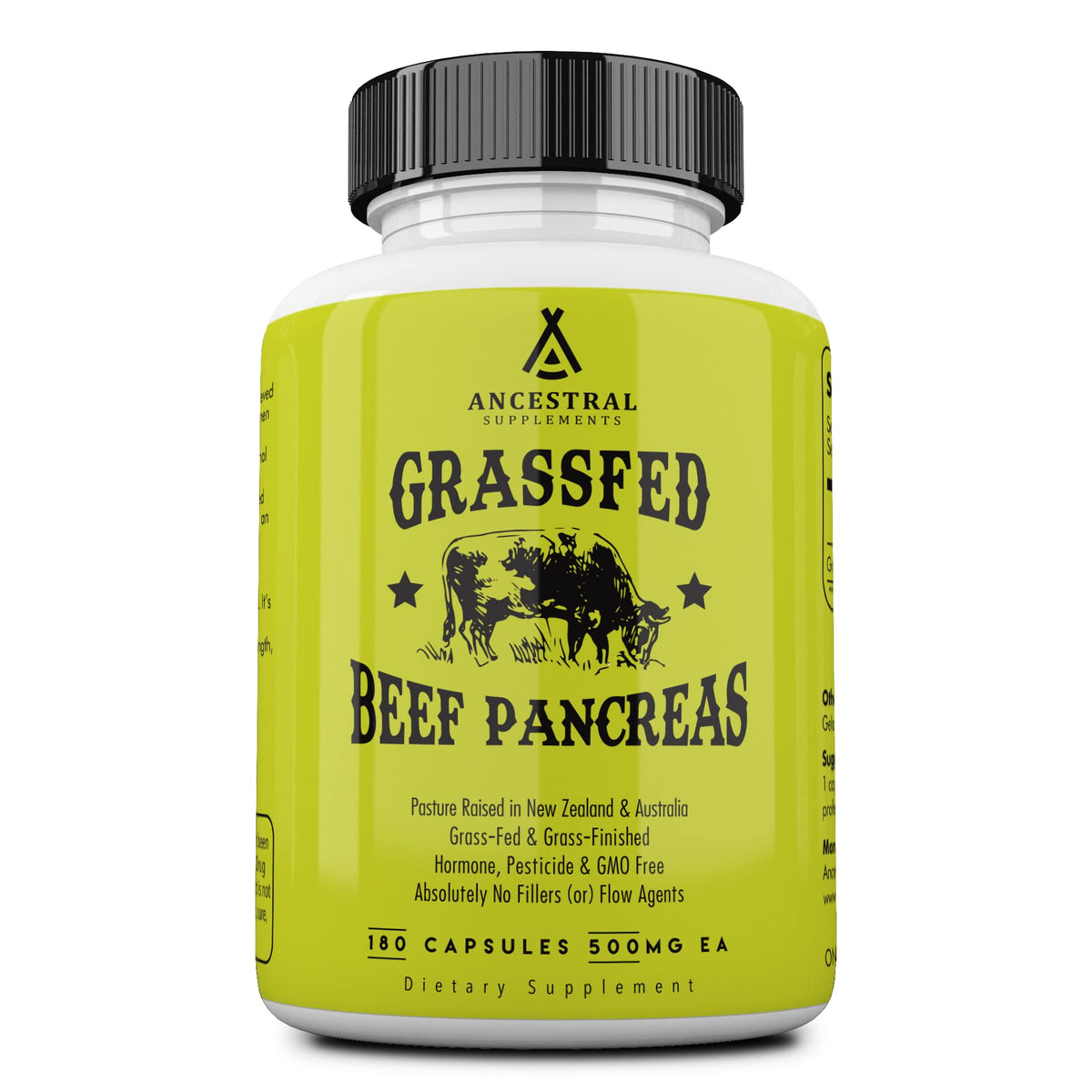 Front view of Ancestral Supplements Beef Pancreas 500mg bottle