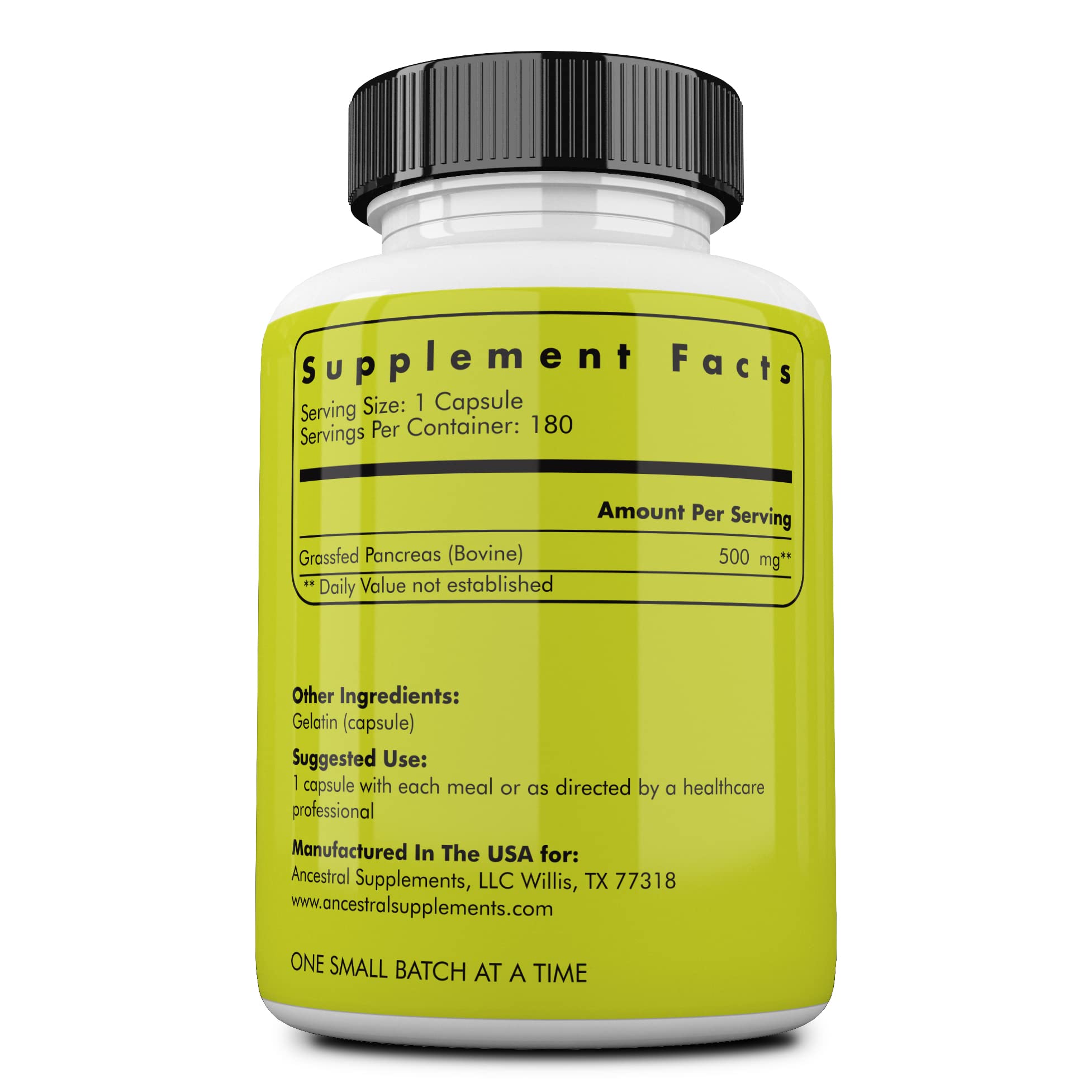 Close-up of label showing 500mg and 180 capsules