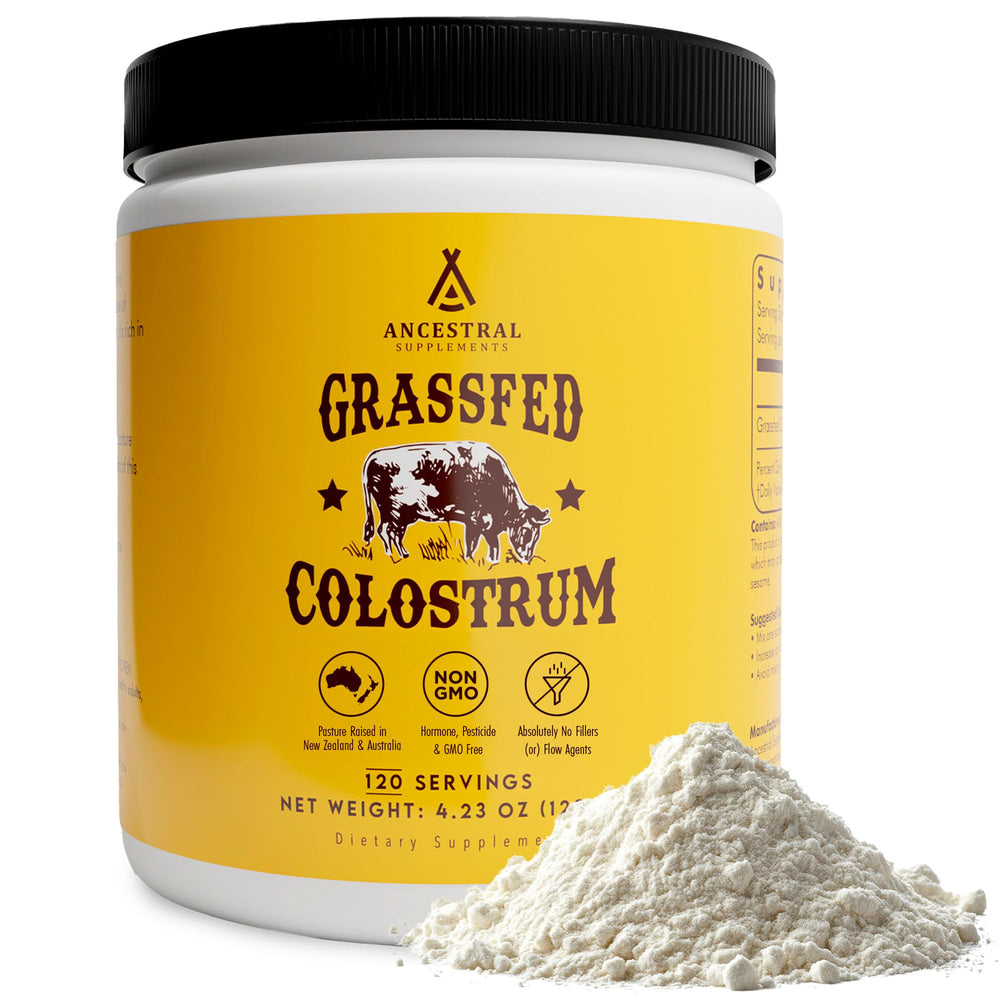 Ancestral Supplements Bovine Colostrum Powder bottle and scoop