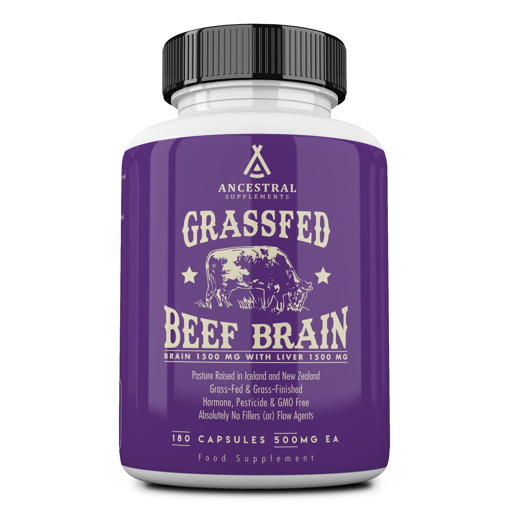 Bottle of Ancestral Supplements Grass-Fed Beef Brain + Liver capsules with label