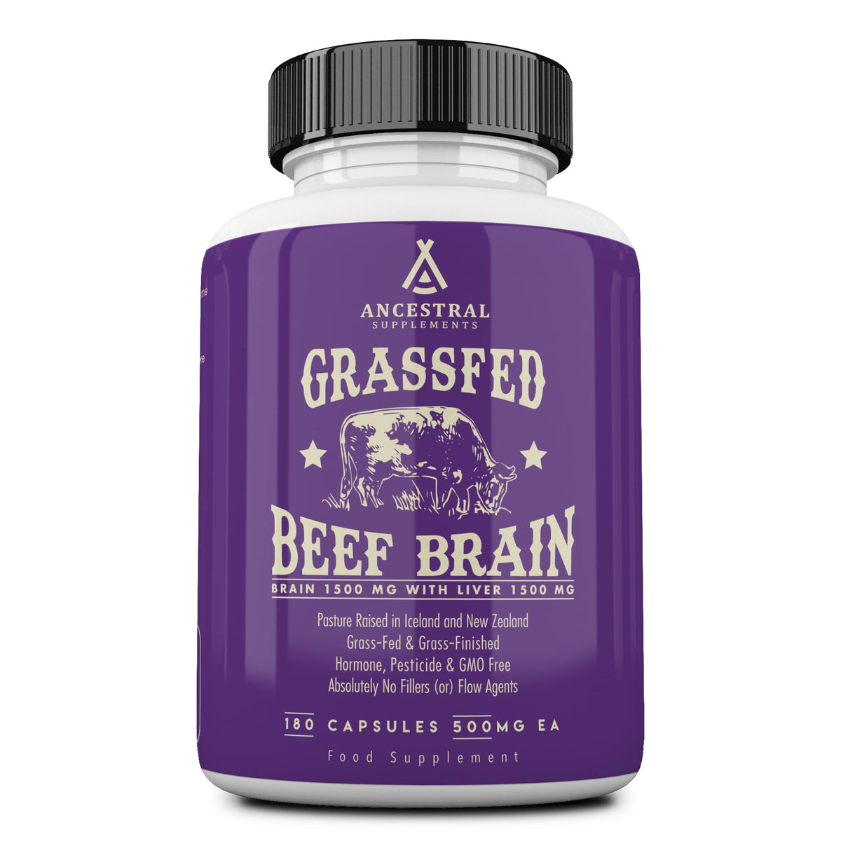 Bottle of Ancestral Supplements Grass-Fed Beef Brain + Liver capsules with label