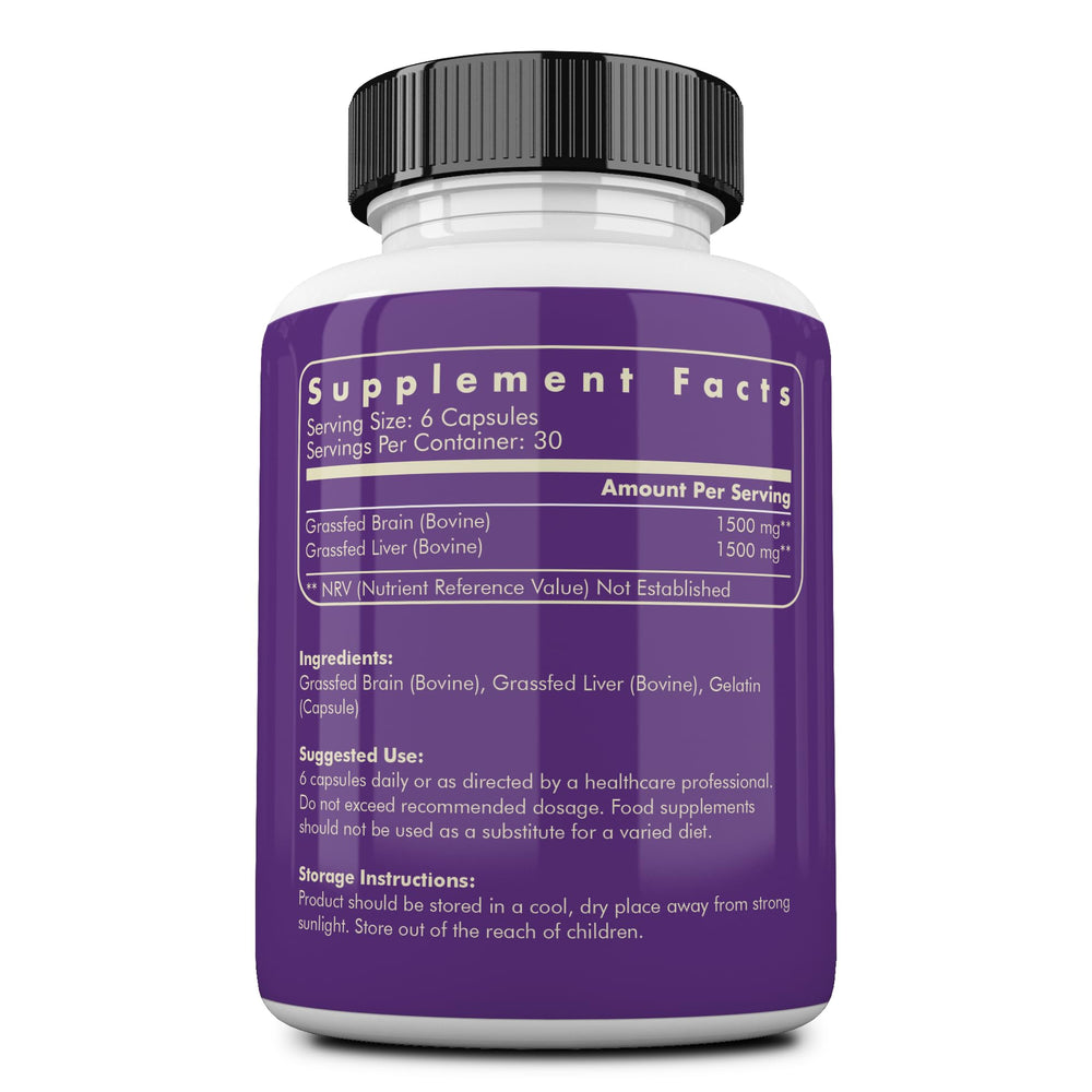 Close-up of brain and liver supplement capsule ingredients