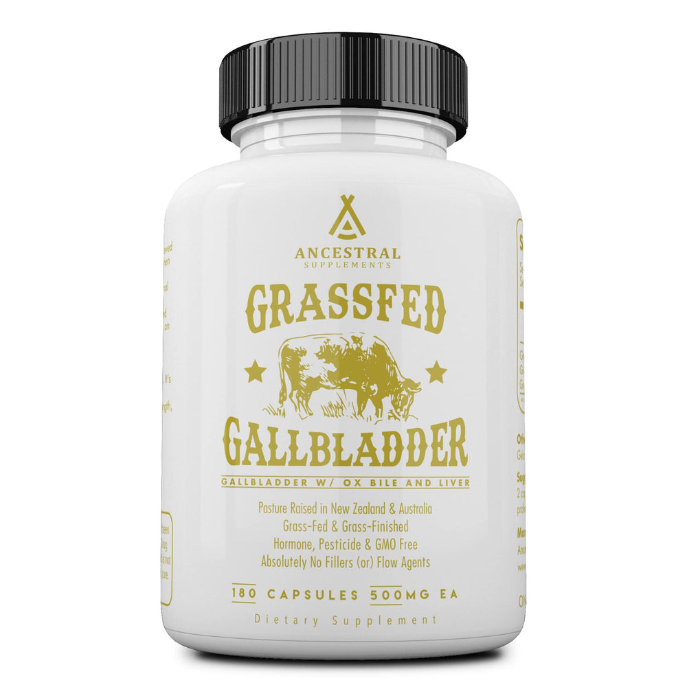 Bottle of Ancestral Supplements Grass-Fed Beef Gallbladder & Liver Capsules - 500mg, 180 capsules