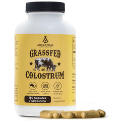 Front view of Ancestral Supplements Grass Fed Beef Colostrum 3000 mg bottle with 180 capsules