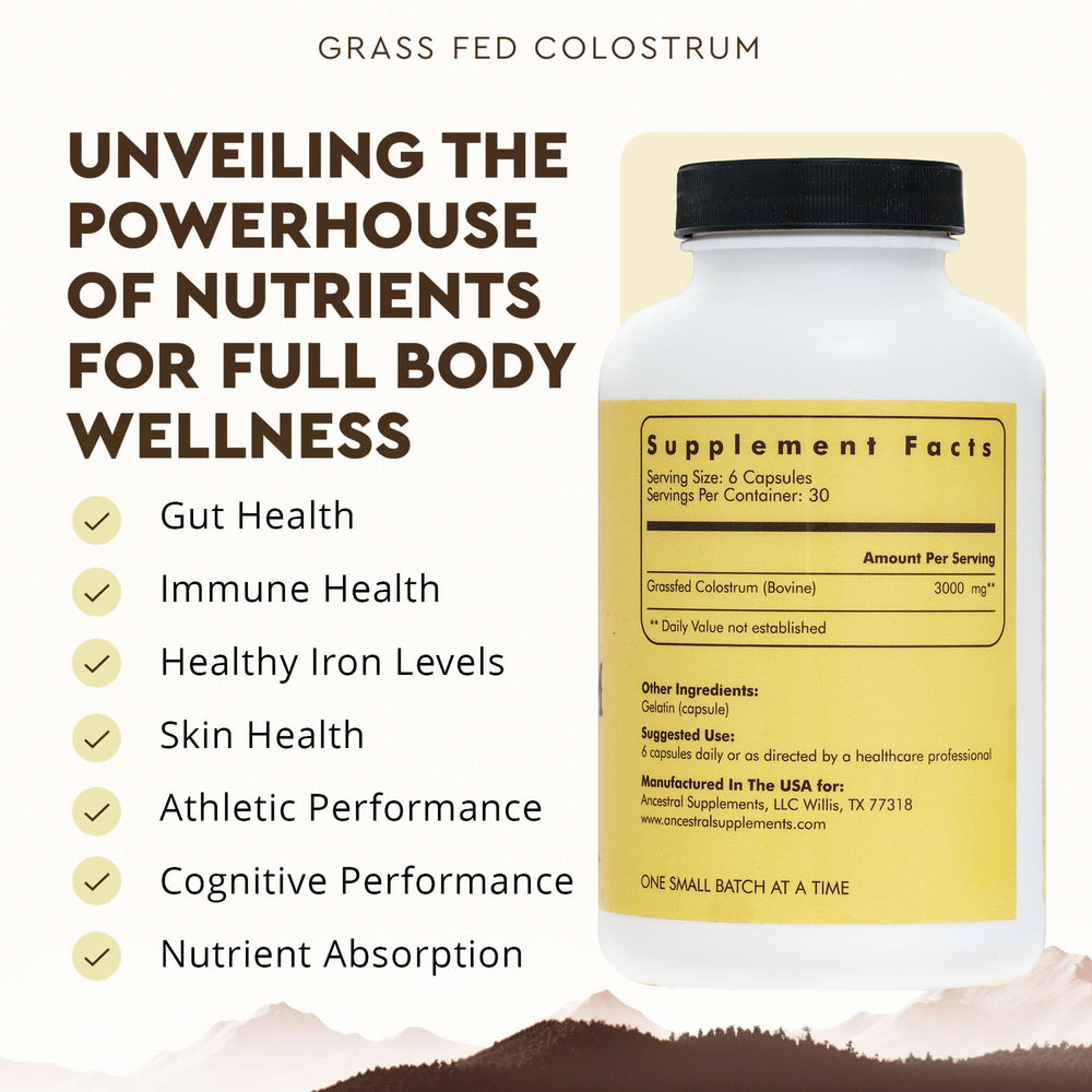 Product label displaying grass-fed beef colostrum information