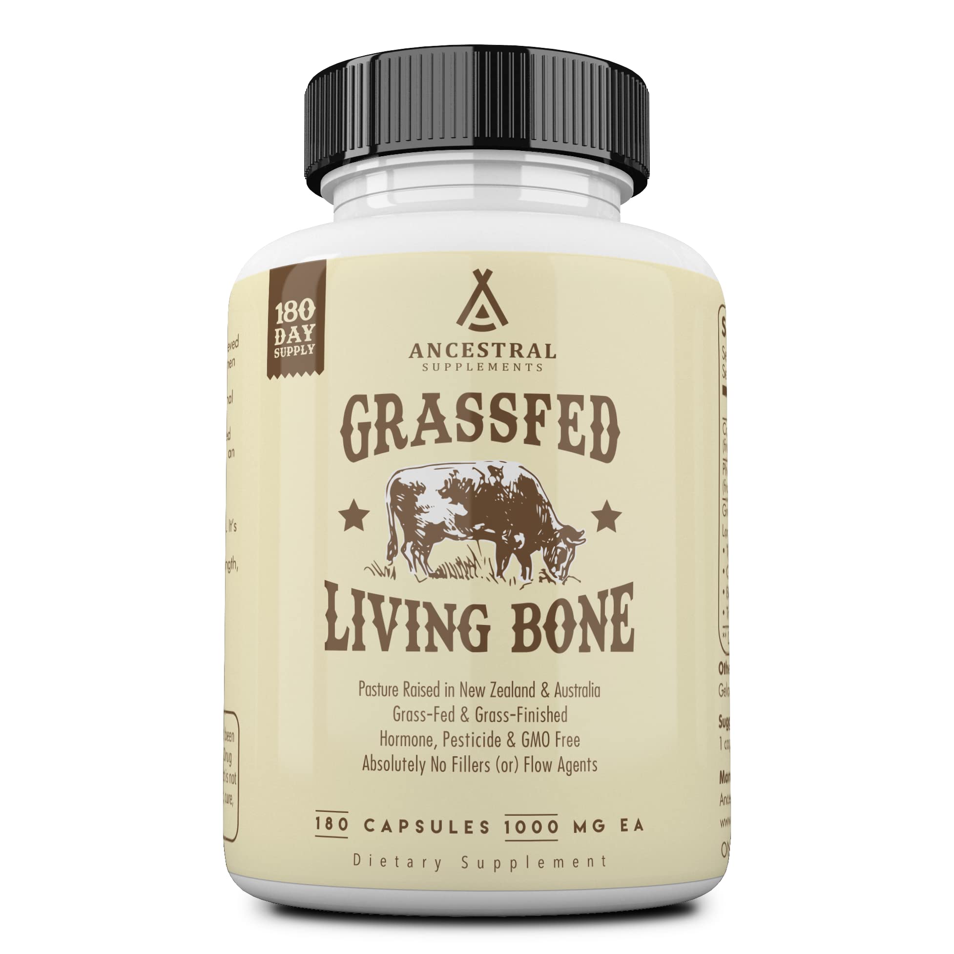 Bottle of Ancestral Supplements Grass-Fed Beef Living Bone Supplement, 180 capsules