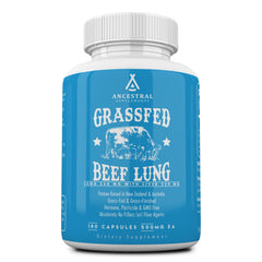 Bottle of Ancestral Supplements Grass Fed Beef Lung & Liver 180 Capsules on white background