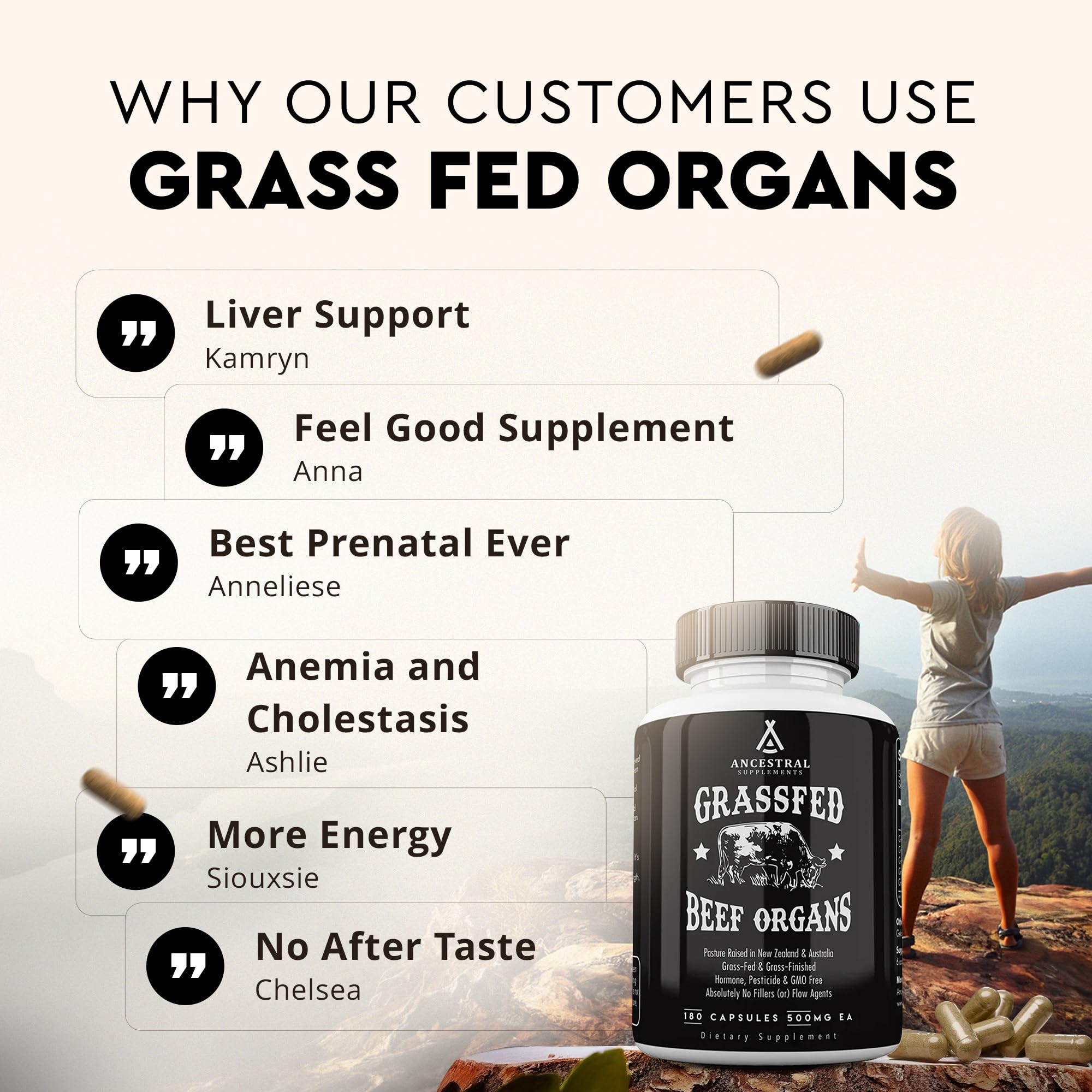 Ancestral Supplements Grass-Fed Beef Organ bottle with 180 capsules