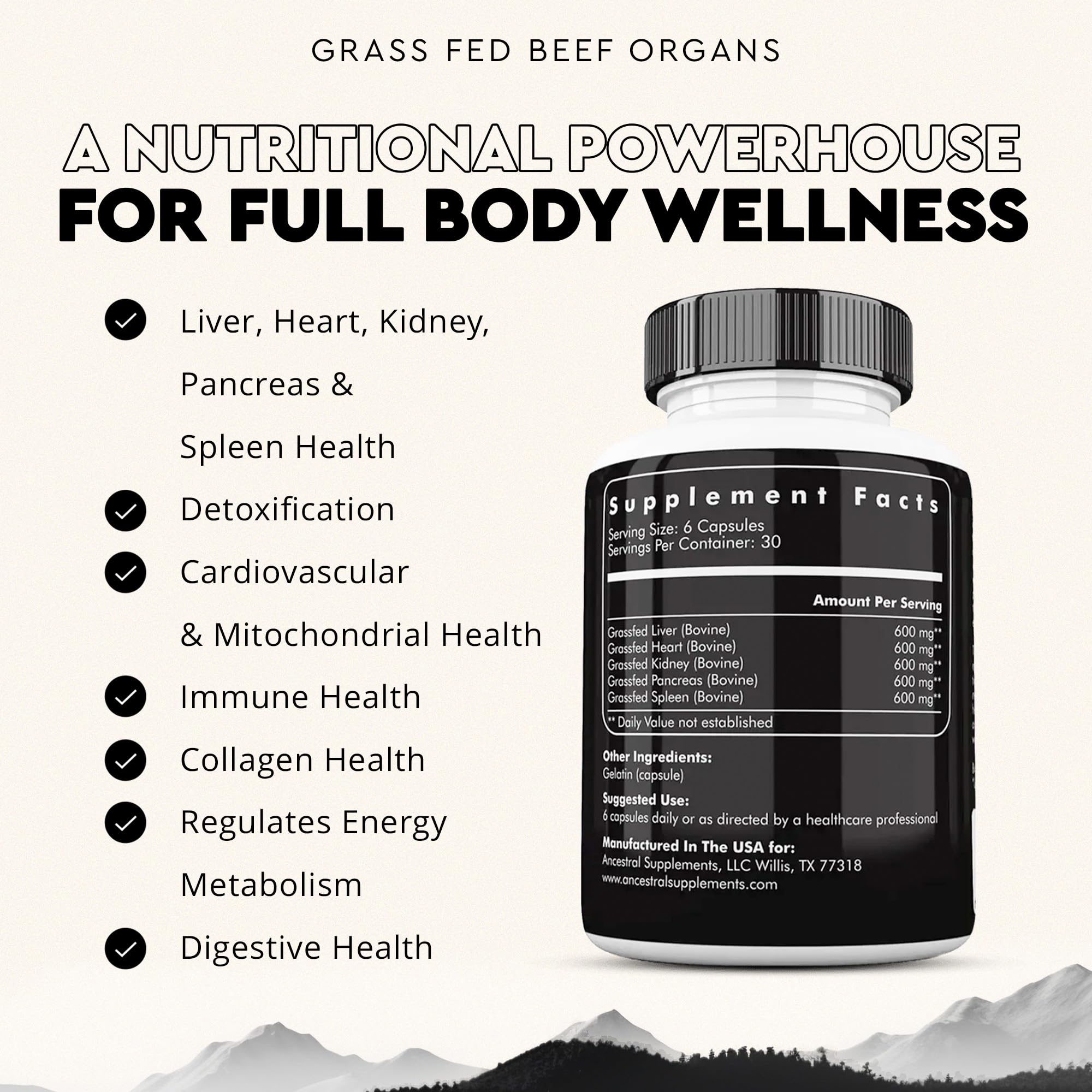 Grass-fed beef kidney supplement - 600mg per serving with selenium and B12