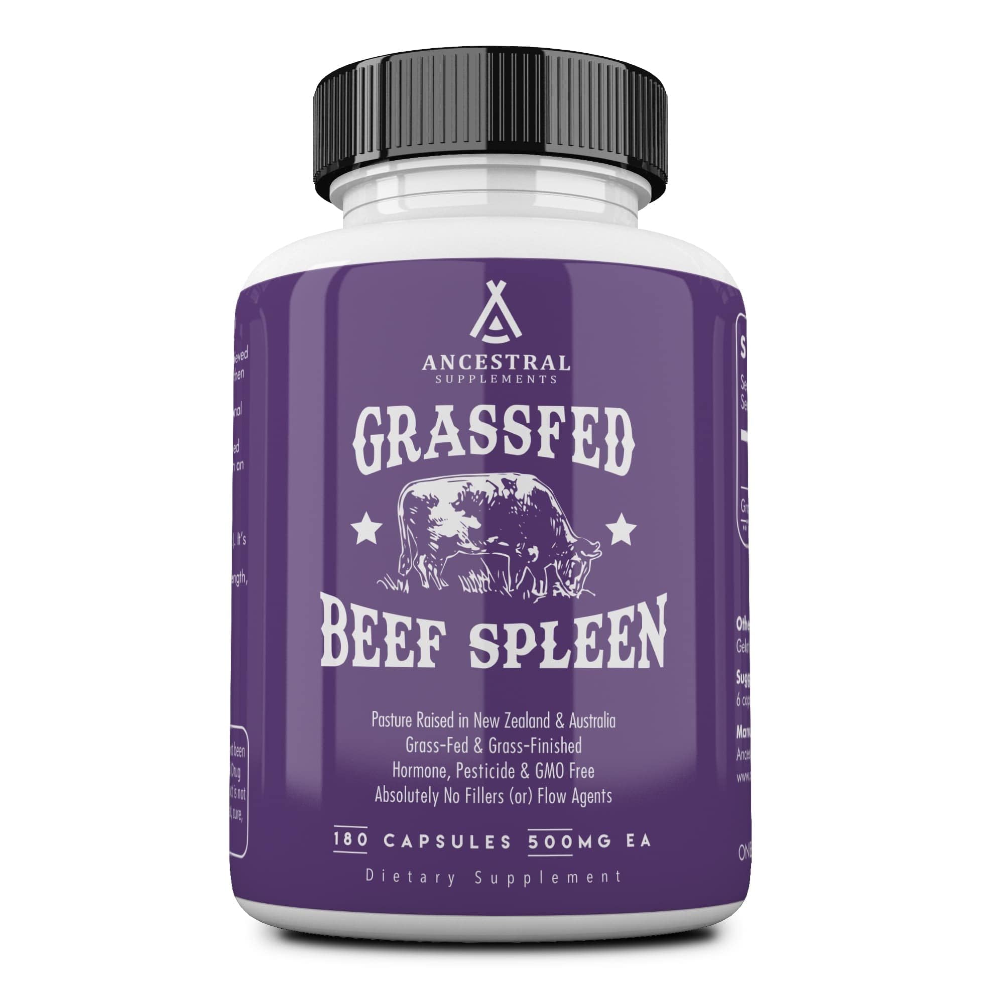 Bottle and label of Ancestral Supplements Grass Fed Beef Spleen Supplement (180 capsules)