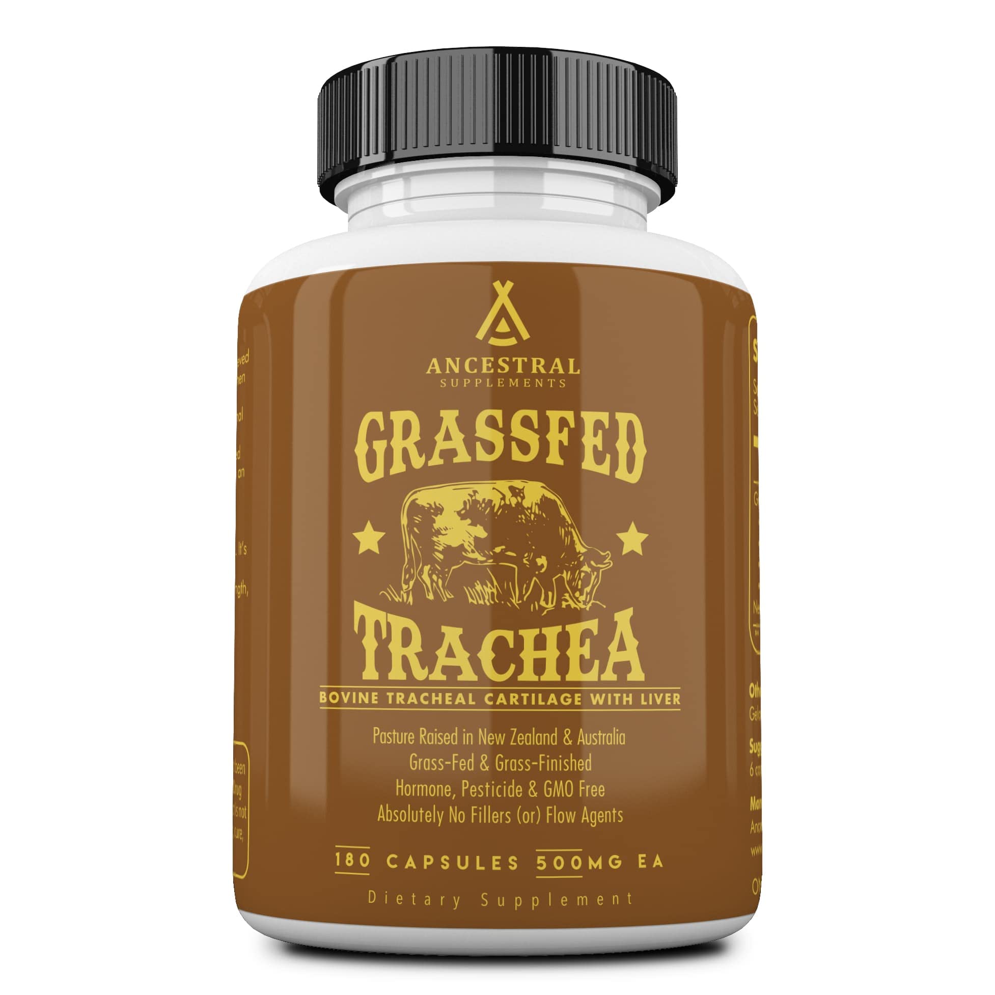 Front view of Ancestral Supplements bottle showing grass-fed beef tracheal cartilage with liver, 180 capsules.