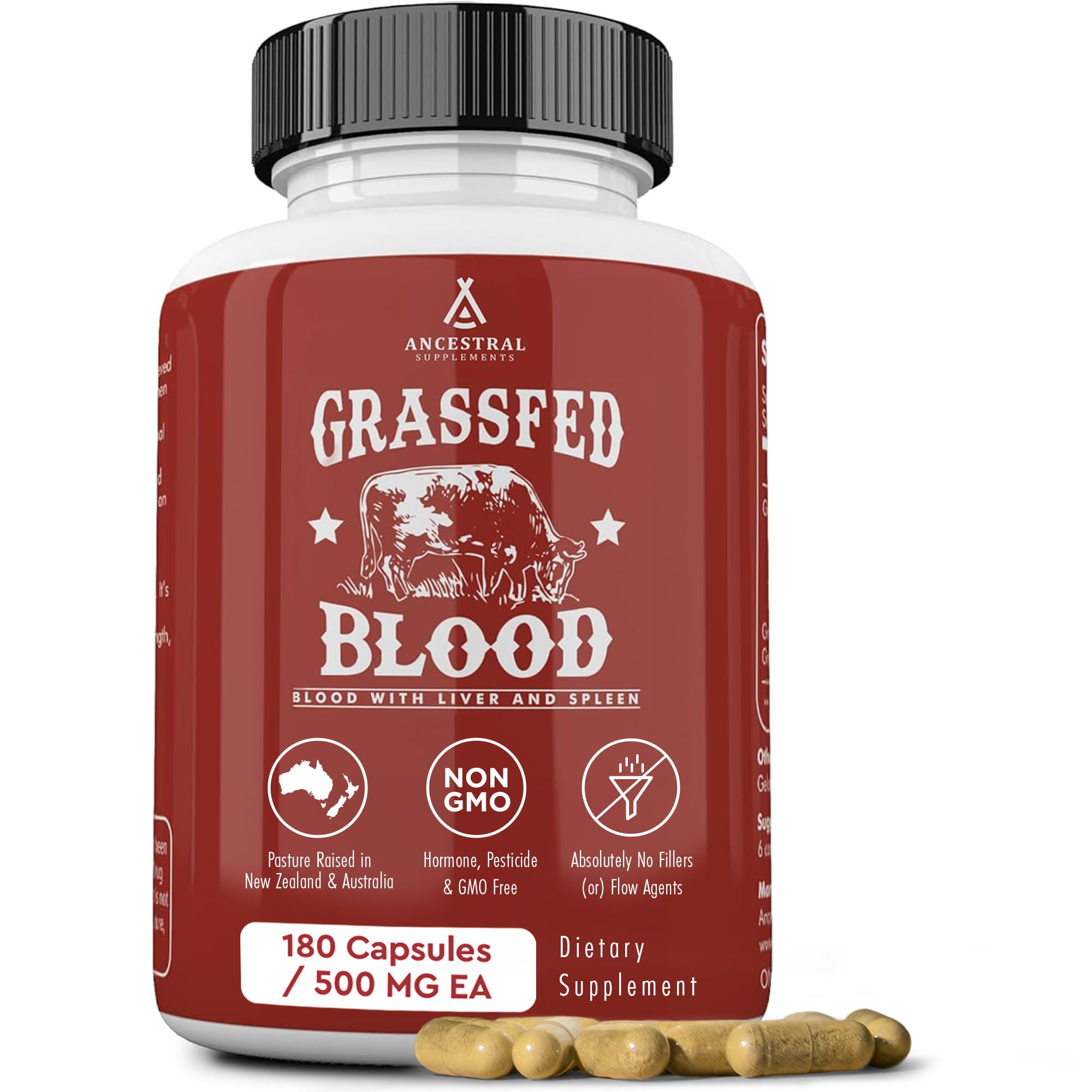 Bottle of Ancestral Supplements Grass Fed Blood formula, 180 capsules