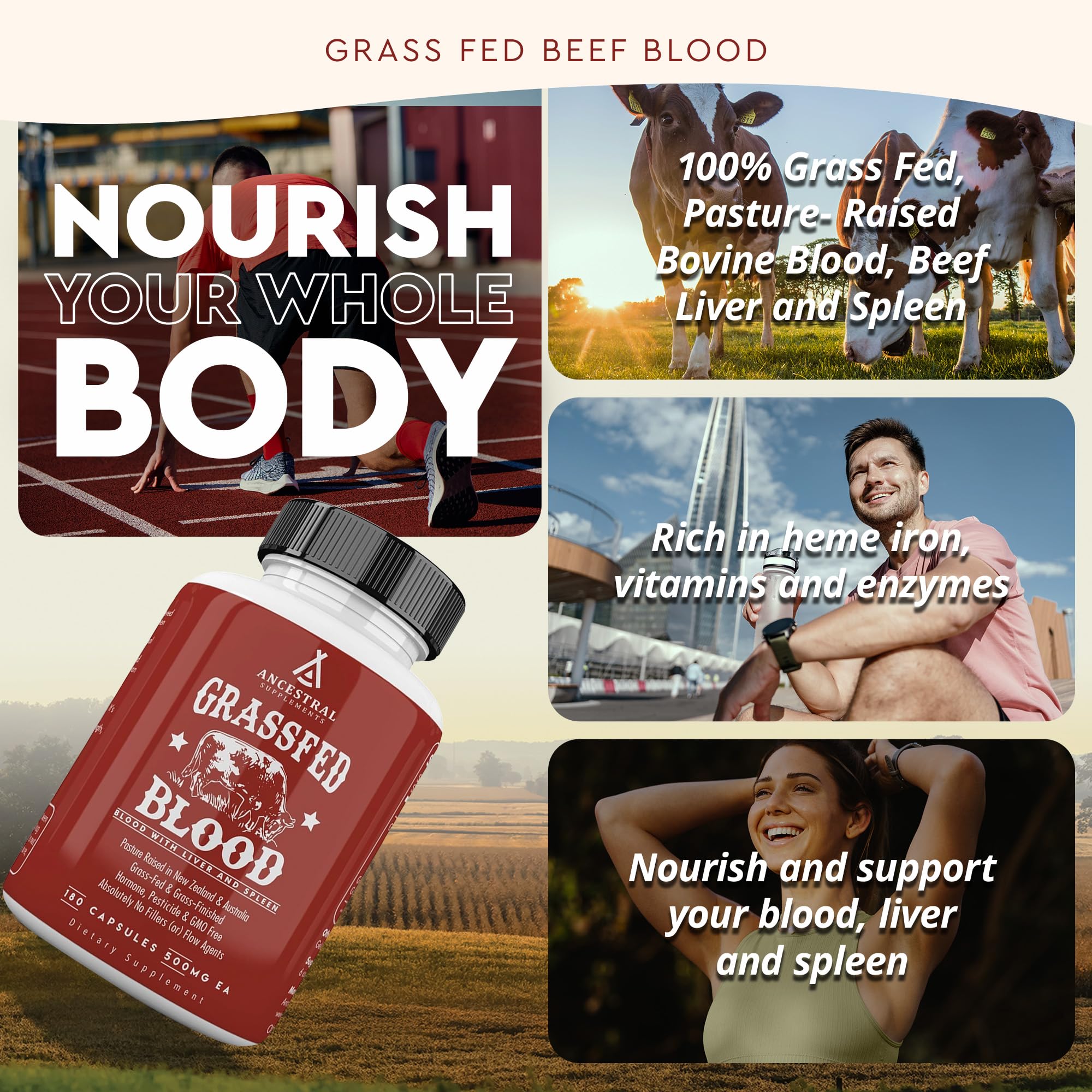 Close-up of product label highlighting blood, liver, and spleen nutrients