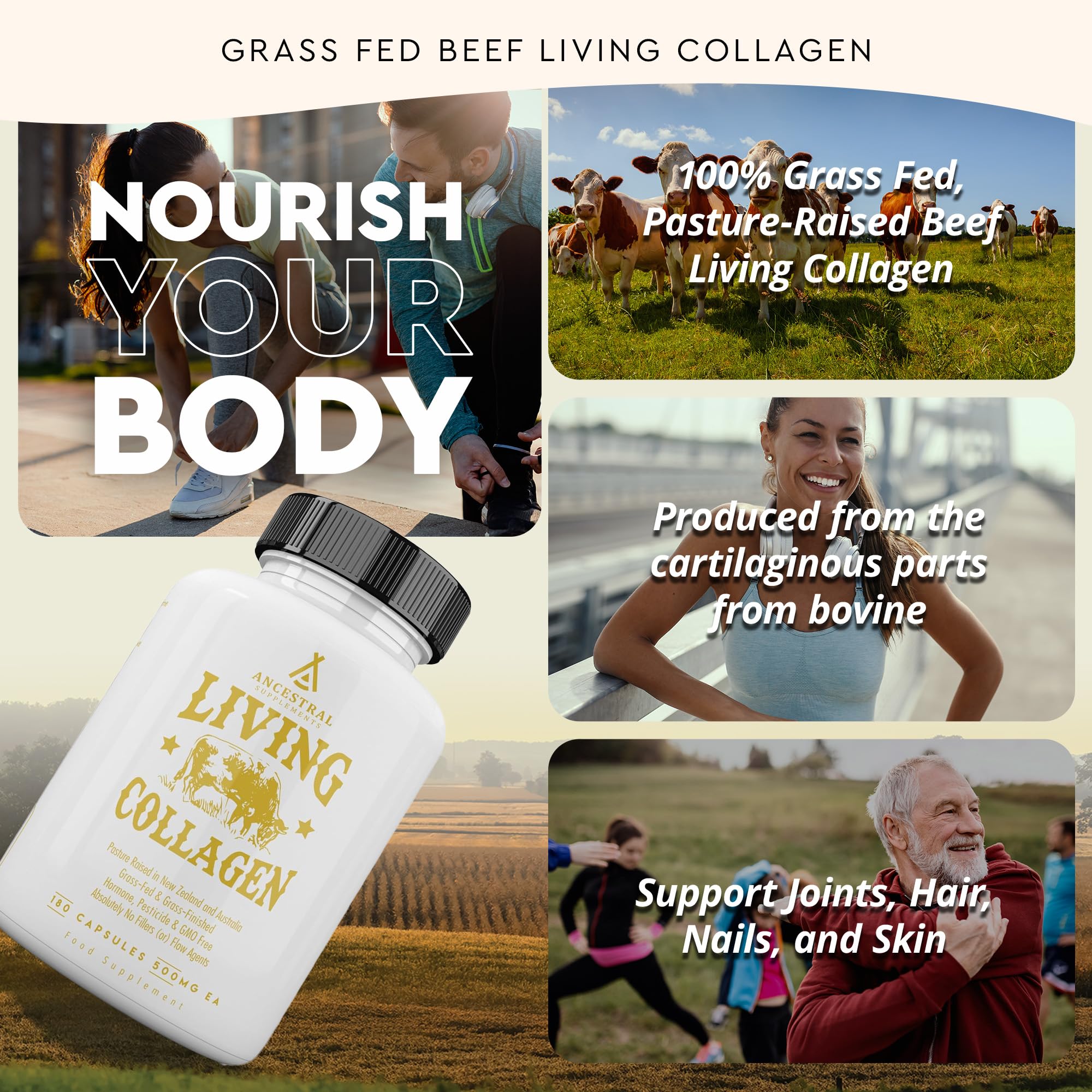 Close-up of Living Collagen grass-fed beef bottle label