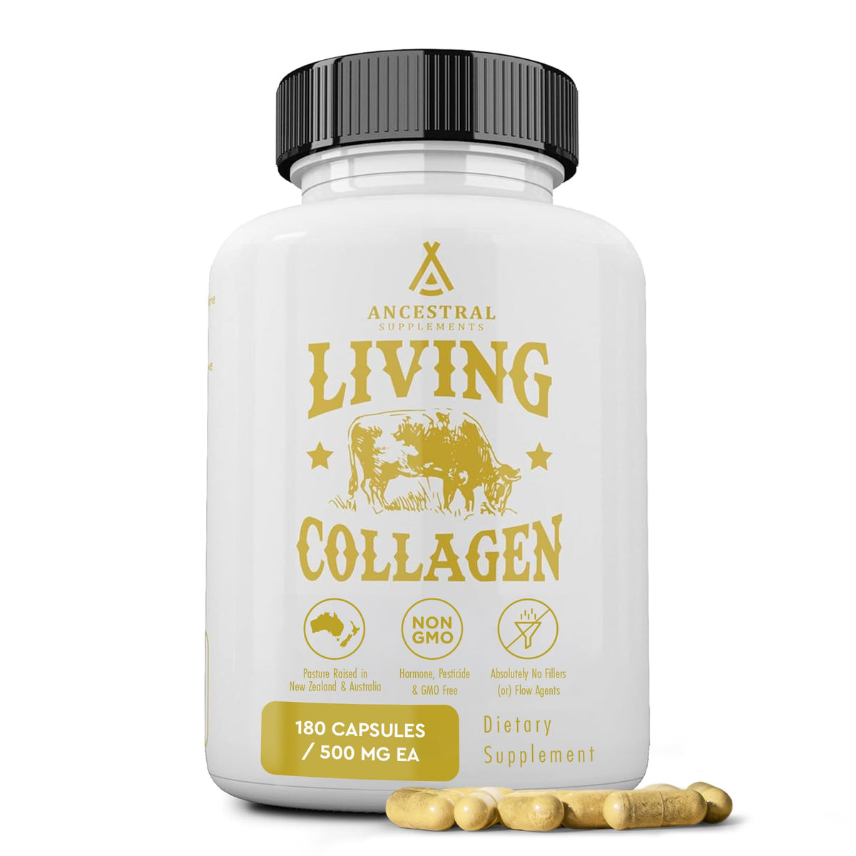Pack shot of Ancestral Supplements Living Collagen 180 capsules