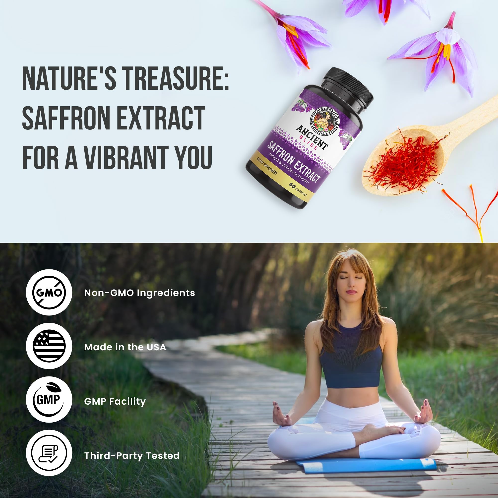 Supplement facts and bottle label for Ancient Bliss saffron capsules