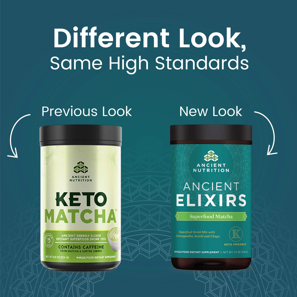 Close-up of Ancient Elixirs Matcha Energy powder tub label