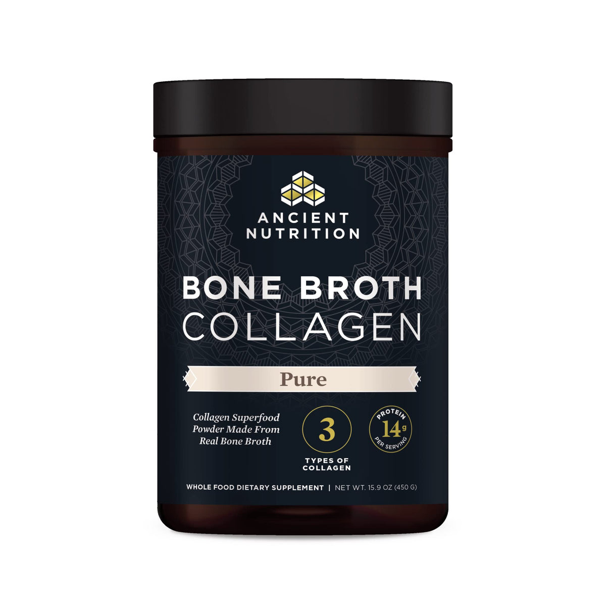 Front view of Ancient Nutrition Bone Broth Collagen Powder 15.9oz, 30 servings