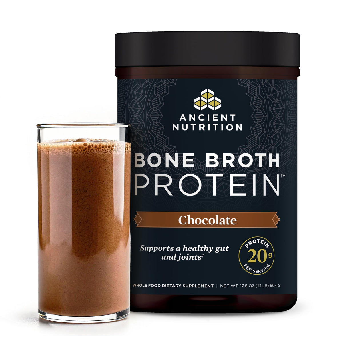 Ancient Nutrition Bone Broth Protein Powder, Chocolate flavor, 20g protein per serving