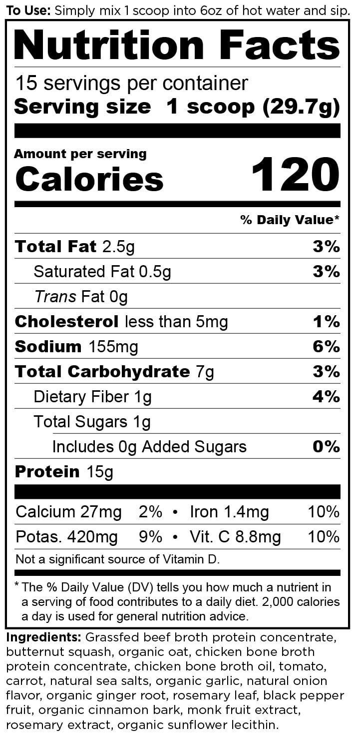 Scoop of bone broth protein powder with butternut squash flavor