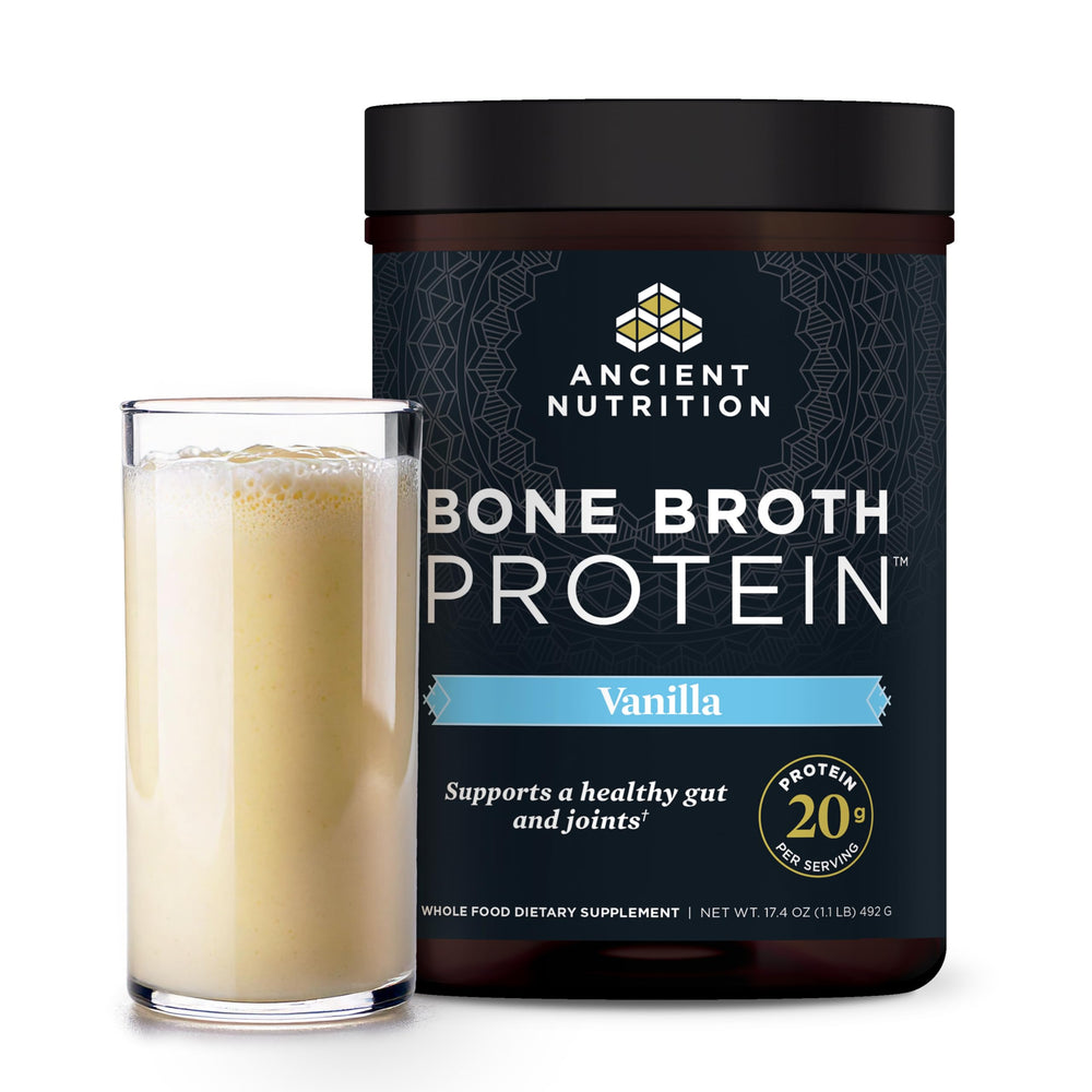 Bottle of Ancient Nutrition Bone Broth Protein Powder Vanilla flavor