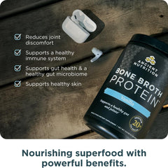 Close-up of nutrition label on bone broth protein powder