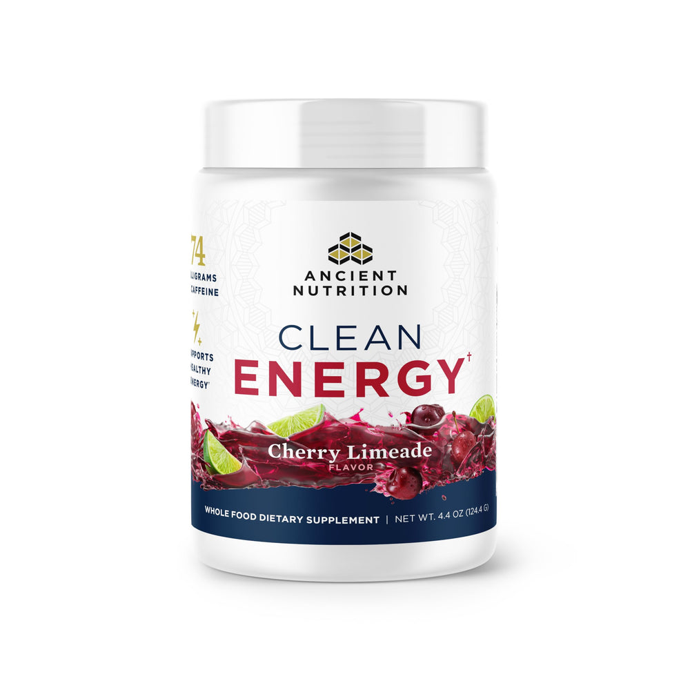 Front packaging of Ancient Nutrition Clean Energy Powder Cherry Limeade