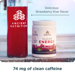 Bag of Ancient Nutrition Clean Energy Powder Strawberry Kiwi ready to pour