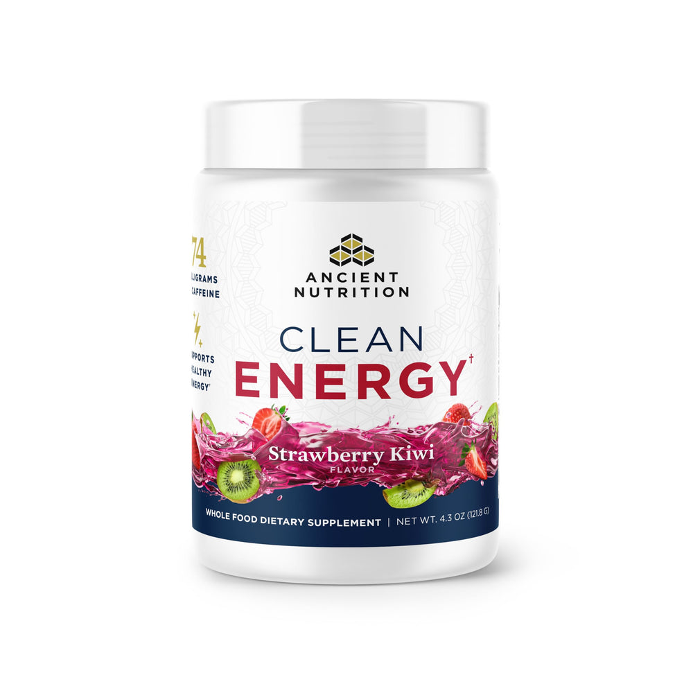 Ancient Nutrition Clean Energy Strawberry Kiwi label showing product details and benefits