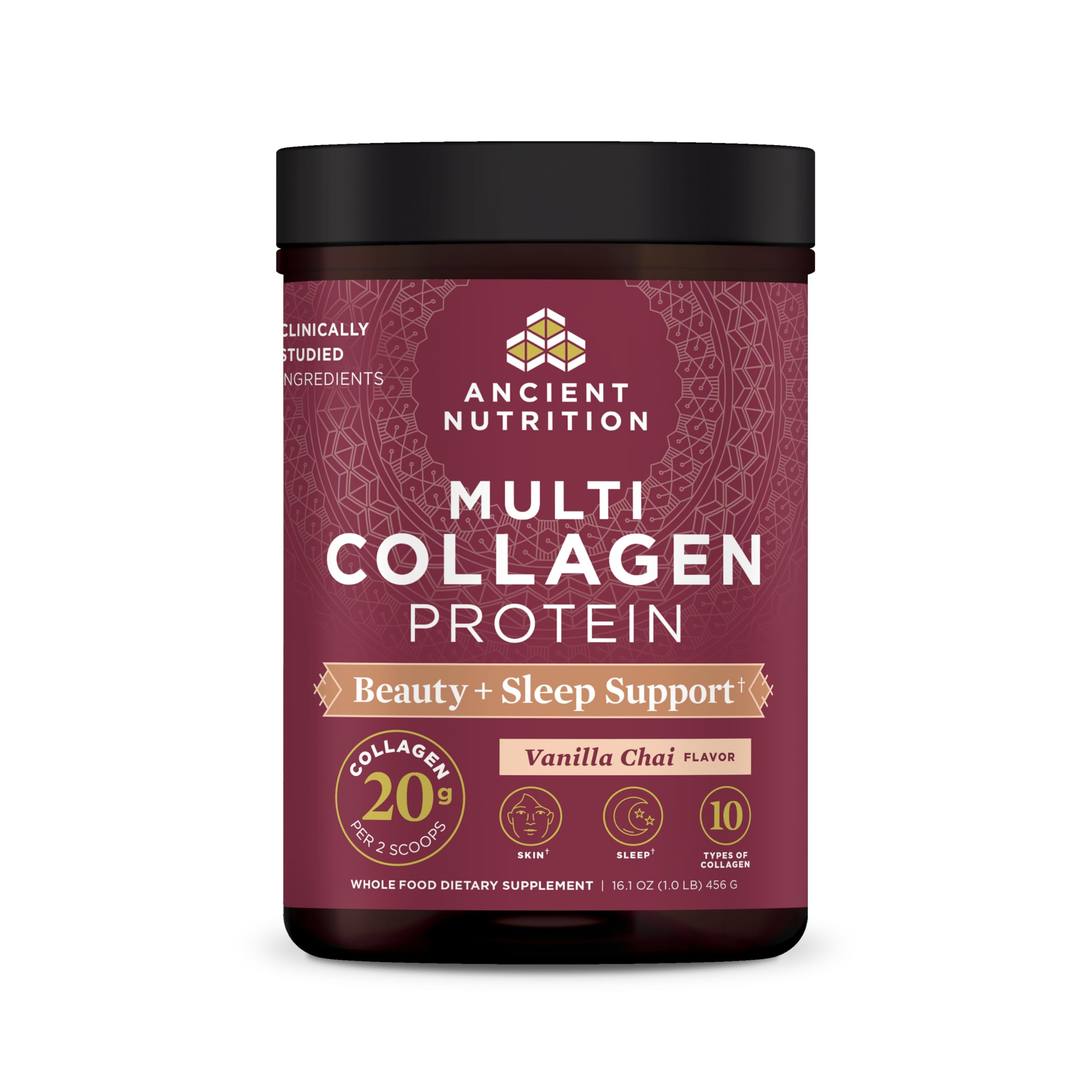 Ancient Nutrition Collagen Beauty + Sleep Vanilla Chai container front