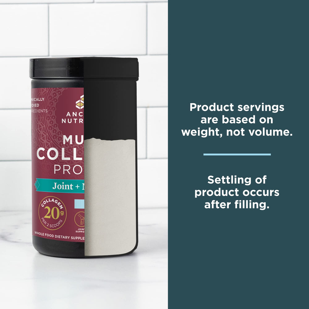 Serving scoop of vanilla collagen powder with nutrition facts