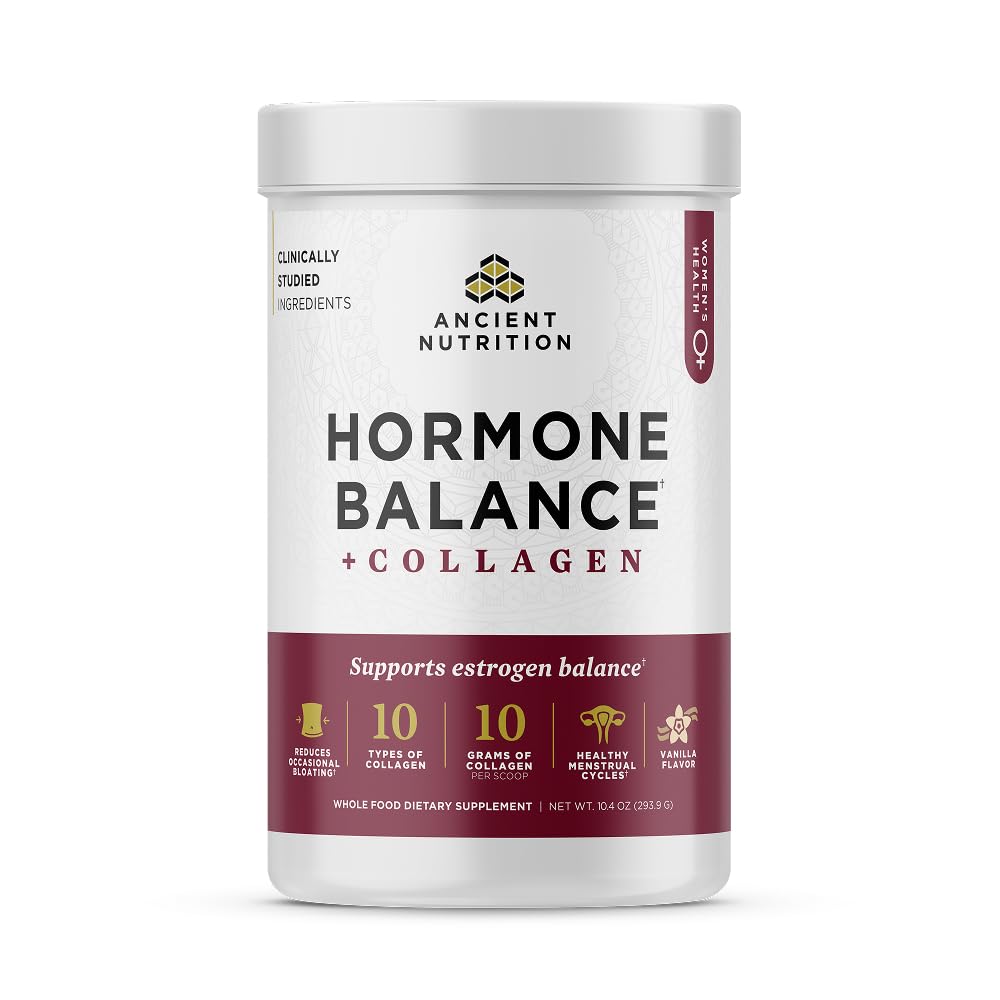 Front view of Ancient Nutrition Hormone Balance + Collagen Powder Vanilla bottle