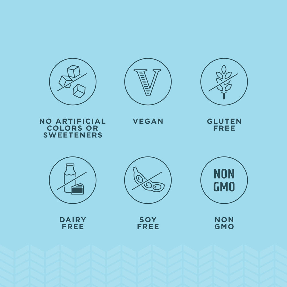 Dairy-free, gluten-free, vegan and non-GMO badges on packaging