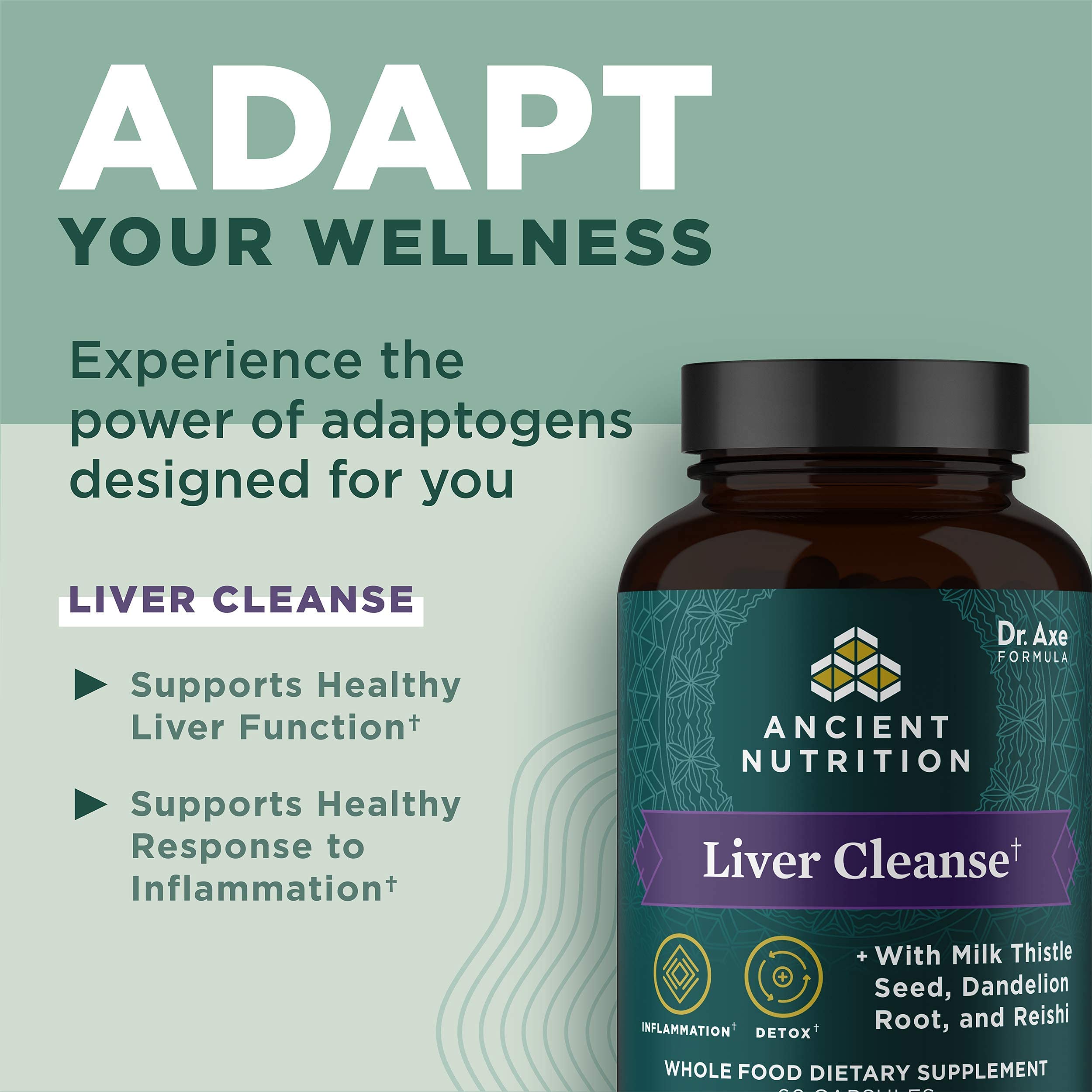 Ancient Nutrition Liver Cleanse featuring reishi supports botanicals and adaptogenic balance for daily wellness.