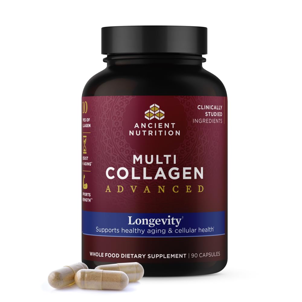 Front view of Ancient Nutrition Multi Collagen Advanced Longevity Probiotics bottle