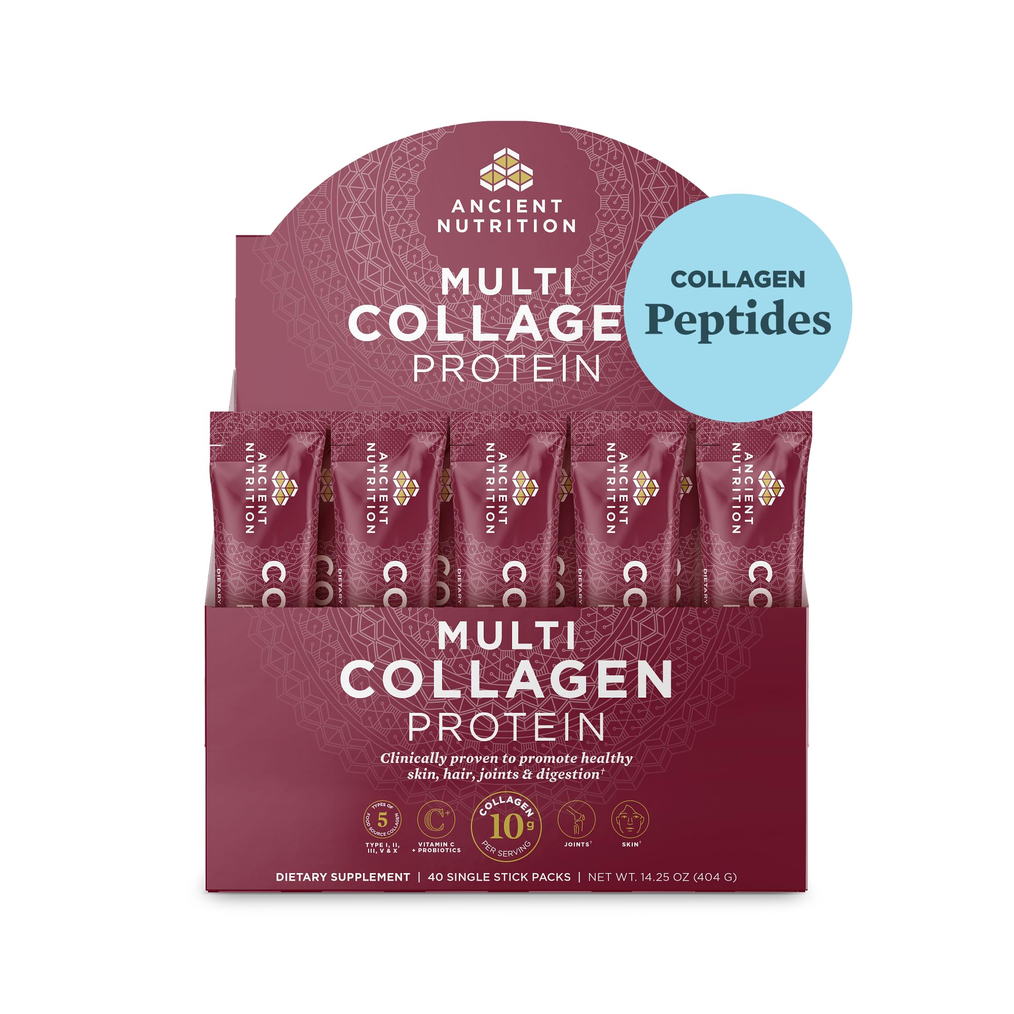 Box of Ancient Nutrition Multi Collagen unflavored 40-stick packs.