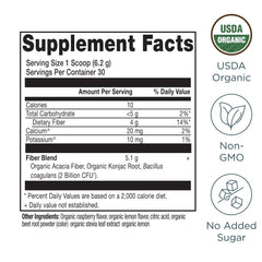 Product label for Ancient Nutrition Organic Fiber Powder Raspberry Lemonade
