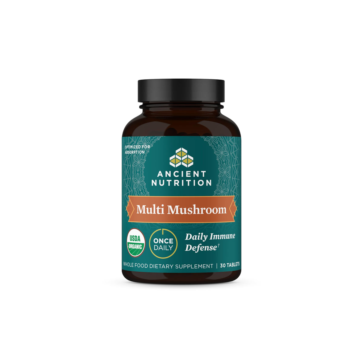 Bottle of Ancient Nutrition Organic Multi Mushroom Immune Defense tablets, 30 count