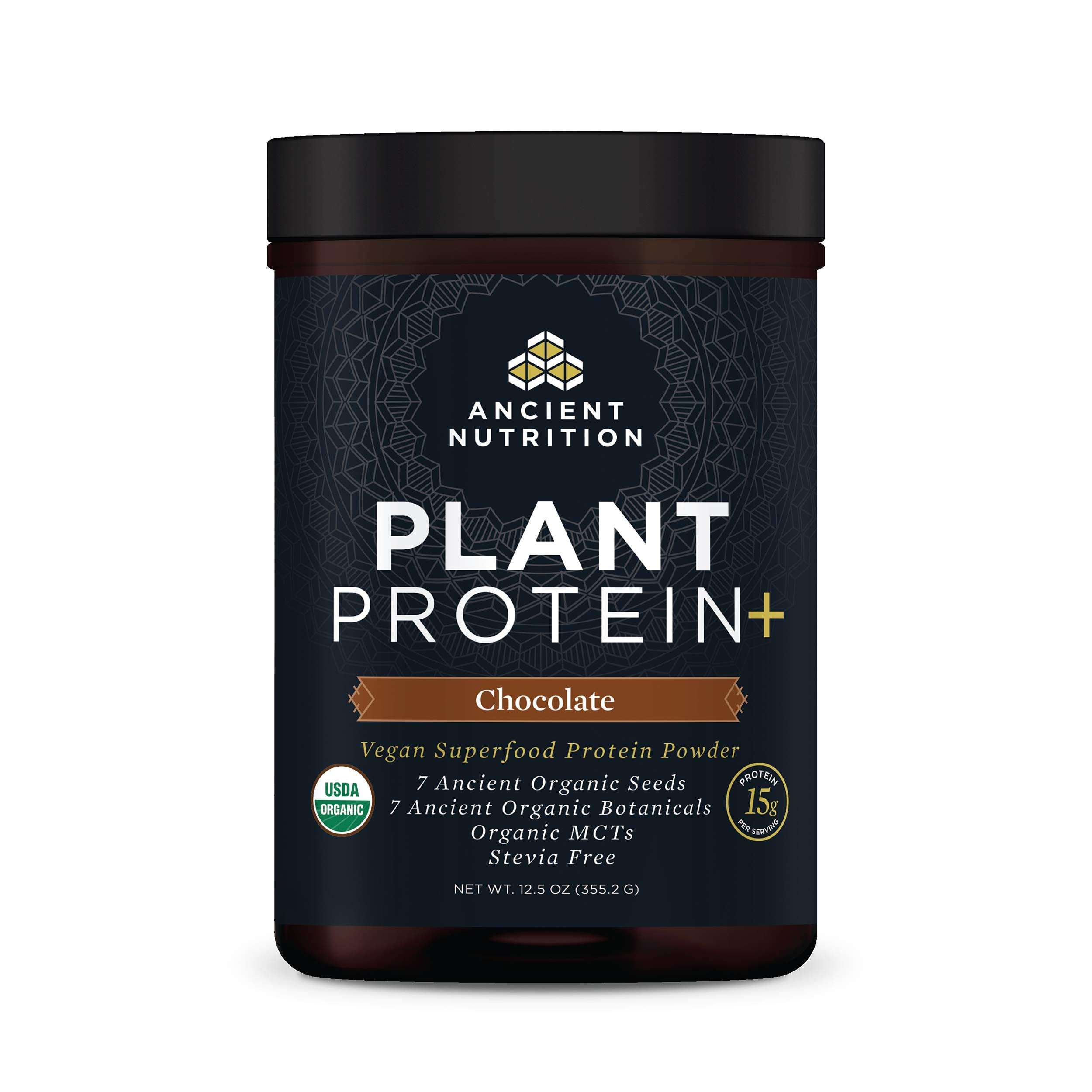 Ancient Nutrition Plant Based Protein Powder bottle shows 15g protein per serving for vegan shakes